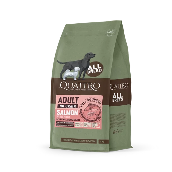 QUATTRO Hipoallergén száraztáp felnőtt kutyáknak - lazac, 3 kg