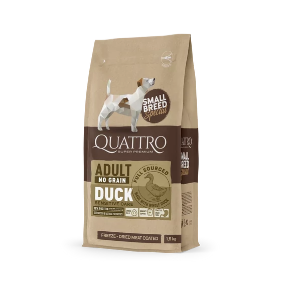 QUATTRO Hipoallergén száraztáp kistestű felnőtt kutyáknak – kacsa, 1,5 kg